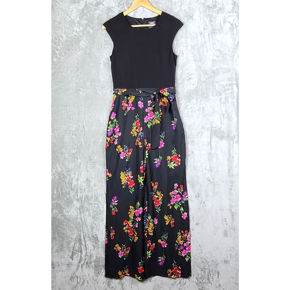 Vince Camuto Black Floral Wide Leg Jumpsuit Tie Waist Boho Elegant Chic Size 8